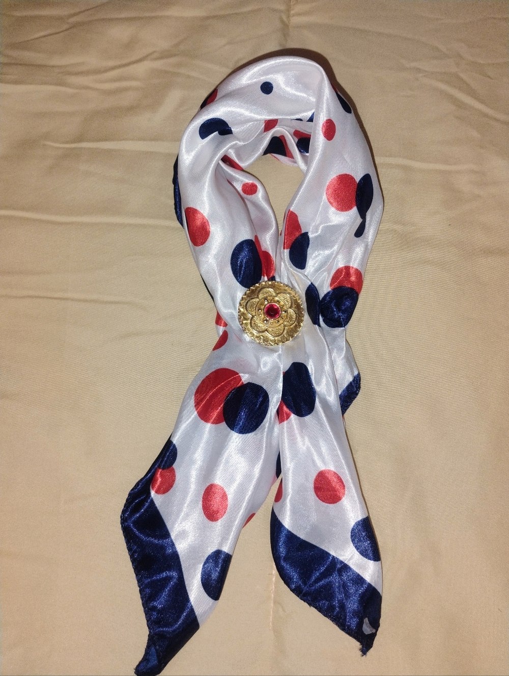 Polka Dot Navy & Red Silk Scarf with Gold Brooch